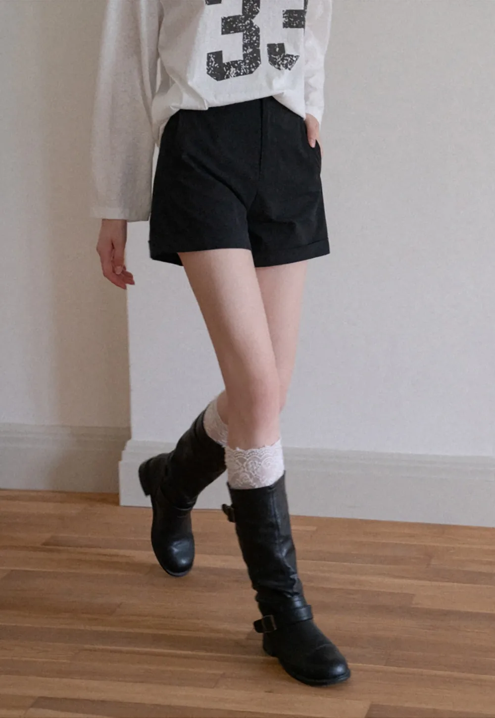 Women High Waist Belted Cuffed Chino Shorts with Pocke