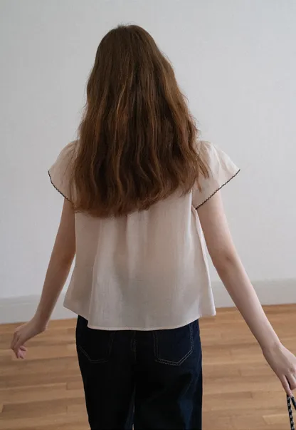Women Ruffle Tie Neck Flutter Sleeve Button Down Blouse