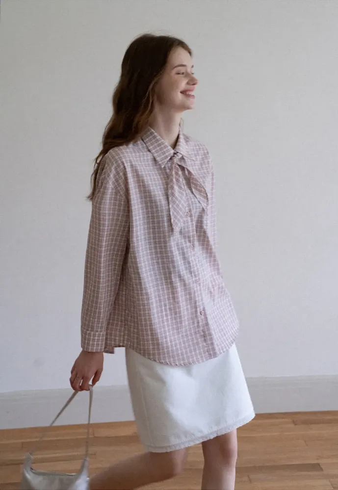Women Plaid Tie‑Neck Shirt