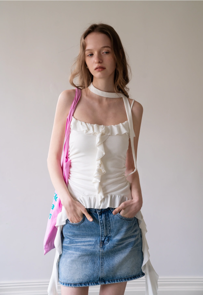 Women's Ruffled Sleeveless Top with Adjustable Tie