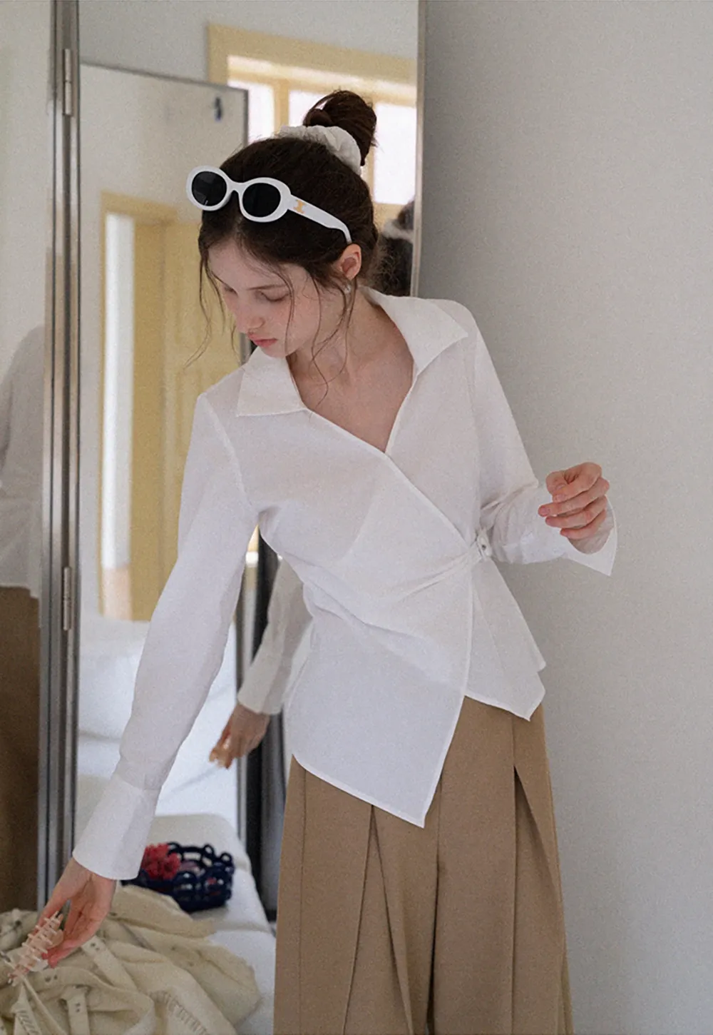 Women's Striped Wrap Shirt with Side Buckle