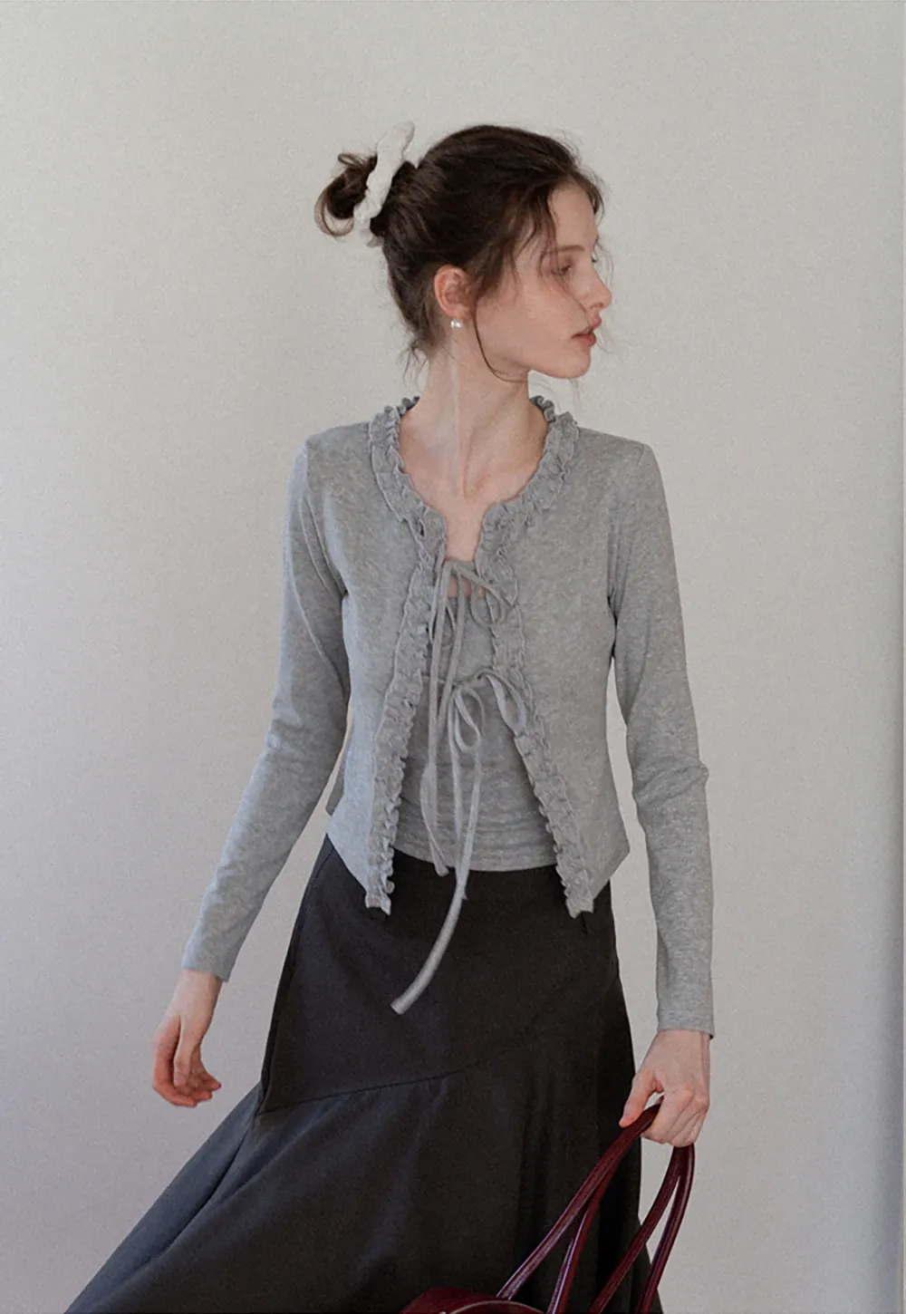 Women's Ruffle Trim Knit Top with Front Tie