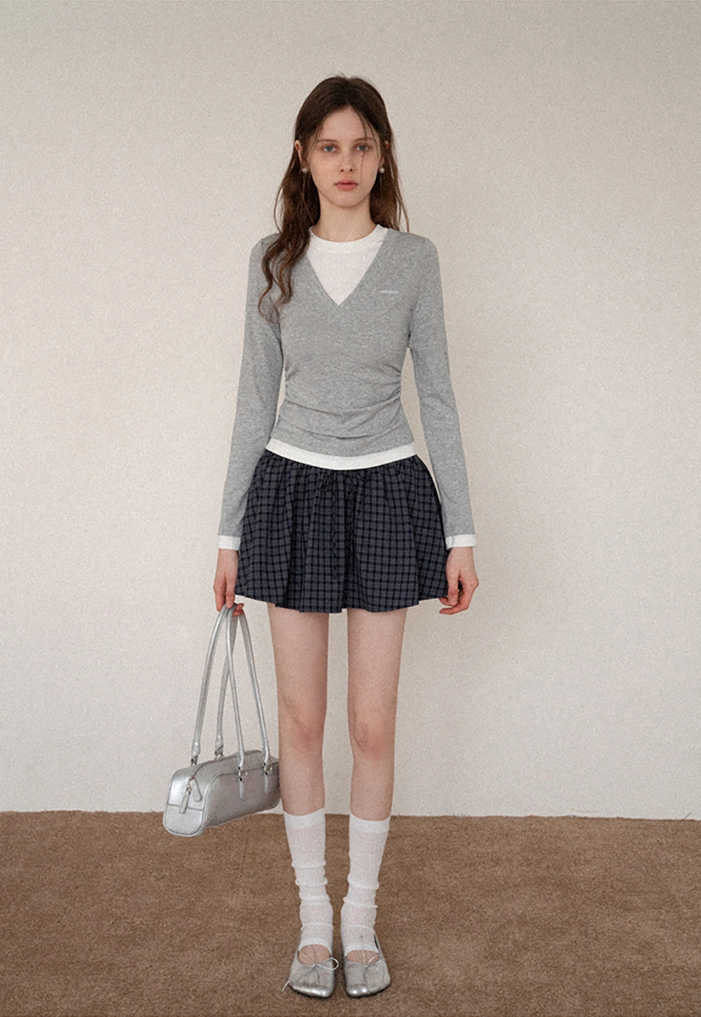 Women's Layered V-Neck Ruched Long Sleeve Top