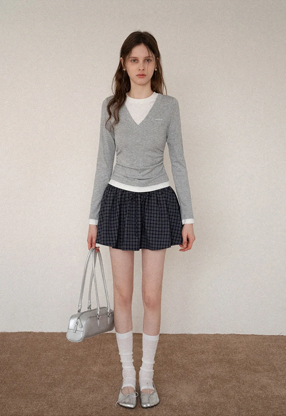 Women's Layered V-Neck Ruched Long Sleeve Top