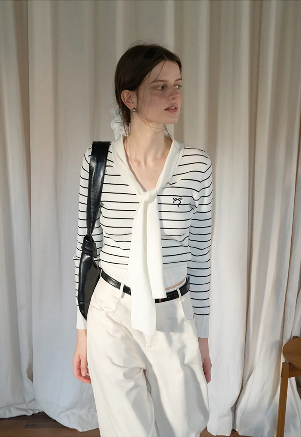 Womens Casual Striped Bow Knot Sweater