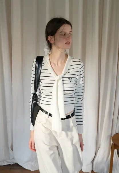 Womens Casual Striped Bow Knot Sweater