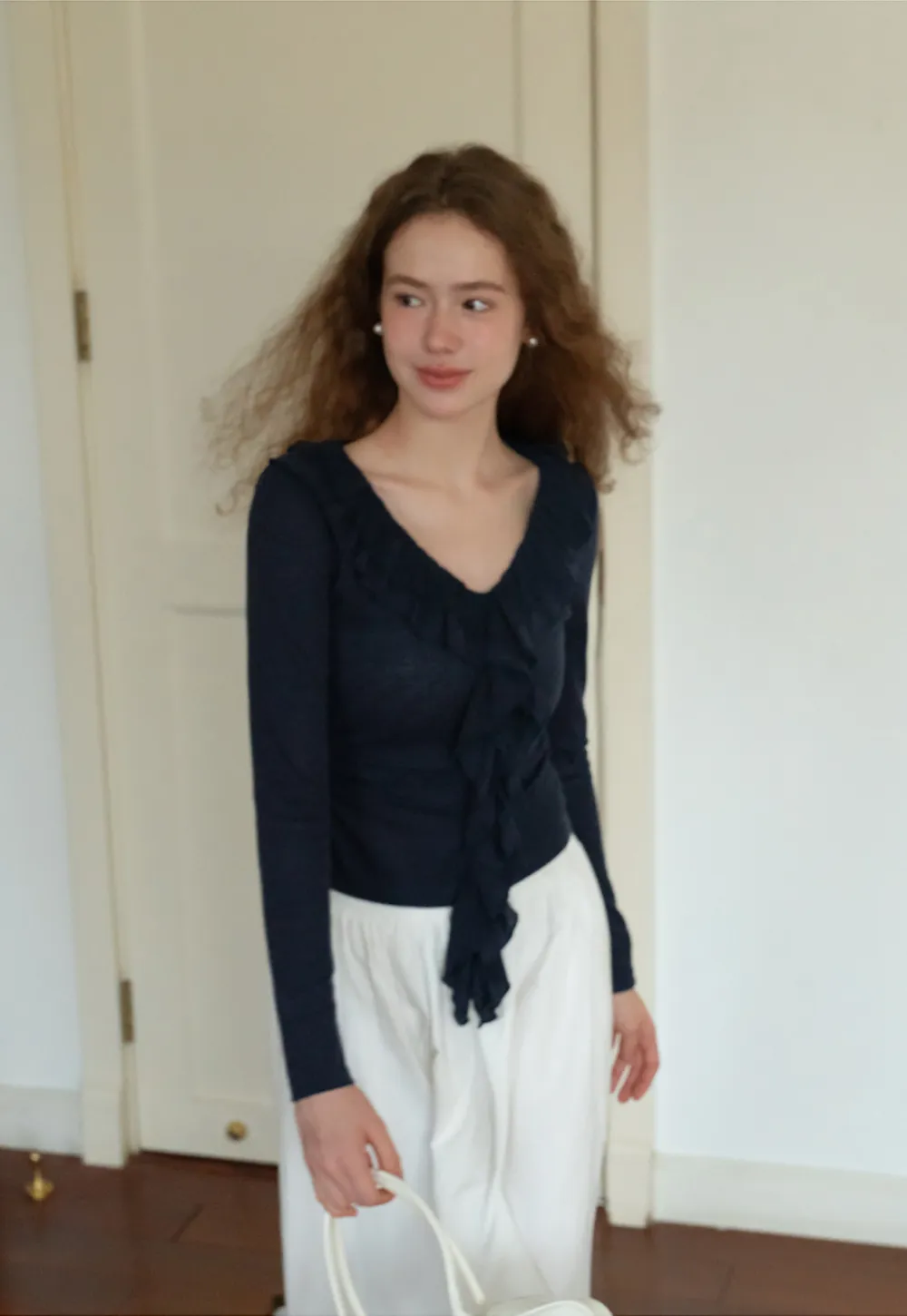 Ruffled V-Neck Long Sleeve Top