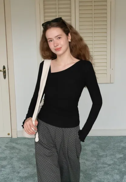 Womens Asymmetrical Neck Slim Fit Long Sleeve Top