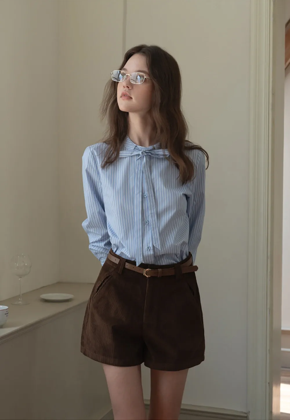 Striped Bow Tie Neck Long Sleeve Blouse