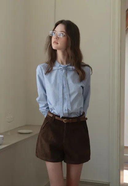 Striped Bow Tie Neck Long Sleeve Blouse