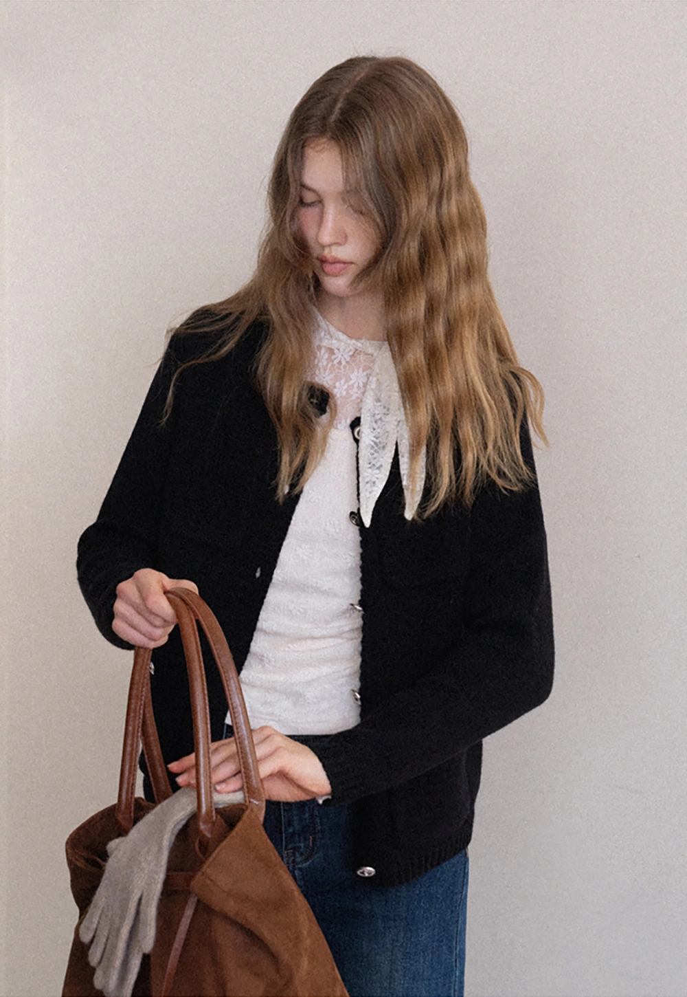 Crew Neck Knit Cardigan with Pockets