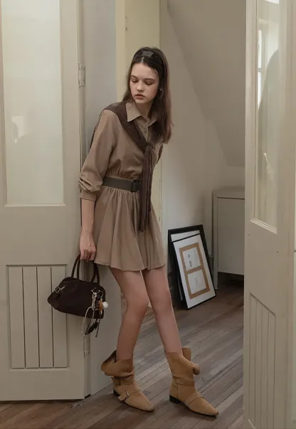 Belted Shirt Dress with Knit Scarf