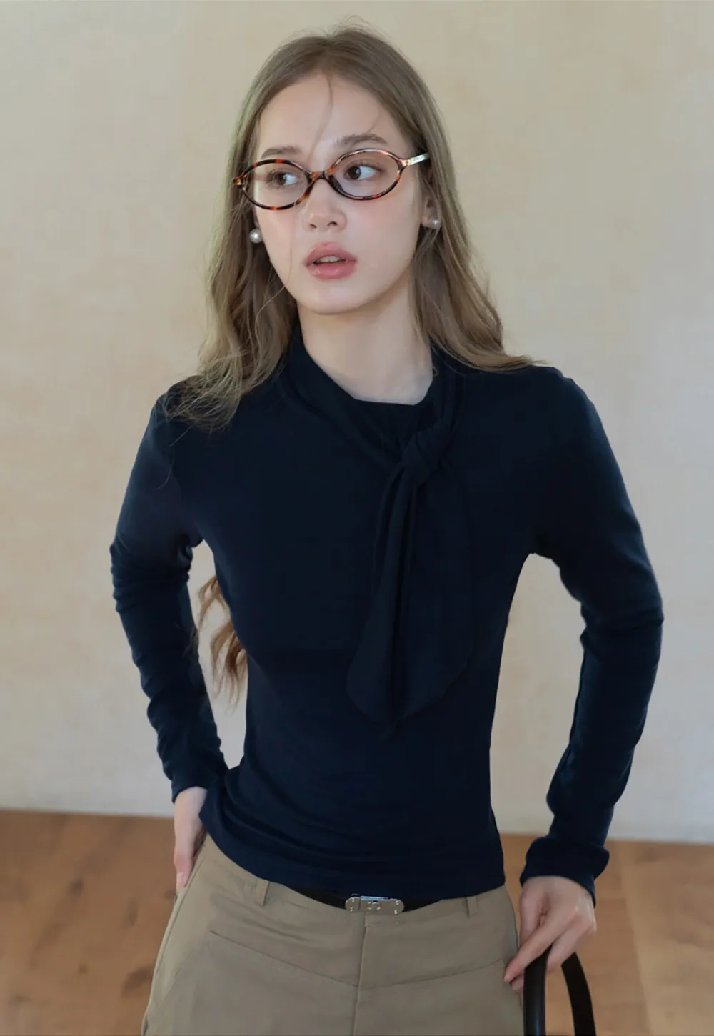 Womens Long Sleeve Tie Neck Tee