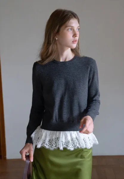 Womens Knit Sweater with Lace Hem