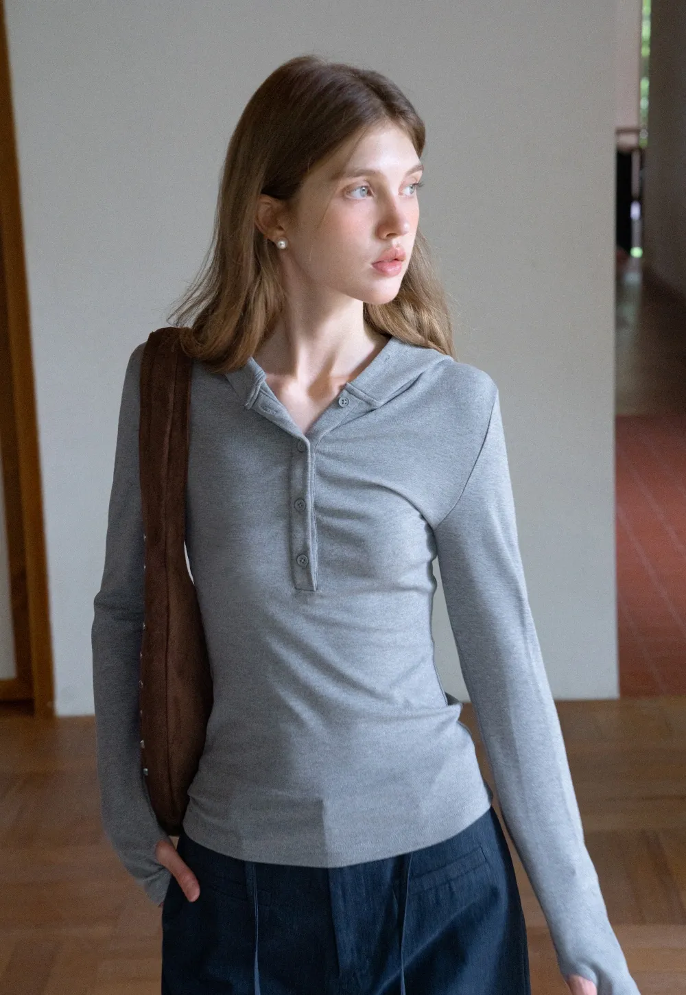 Long Sleeve Hoodie Top with Button Front