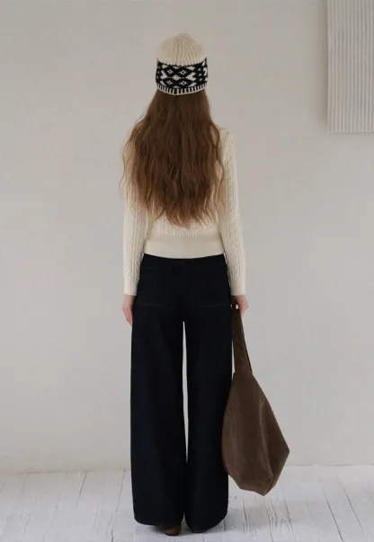 Women Cable Knit Polo Sweater Long Sleeve Slim Fit Pullover