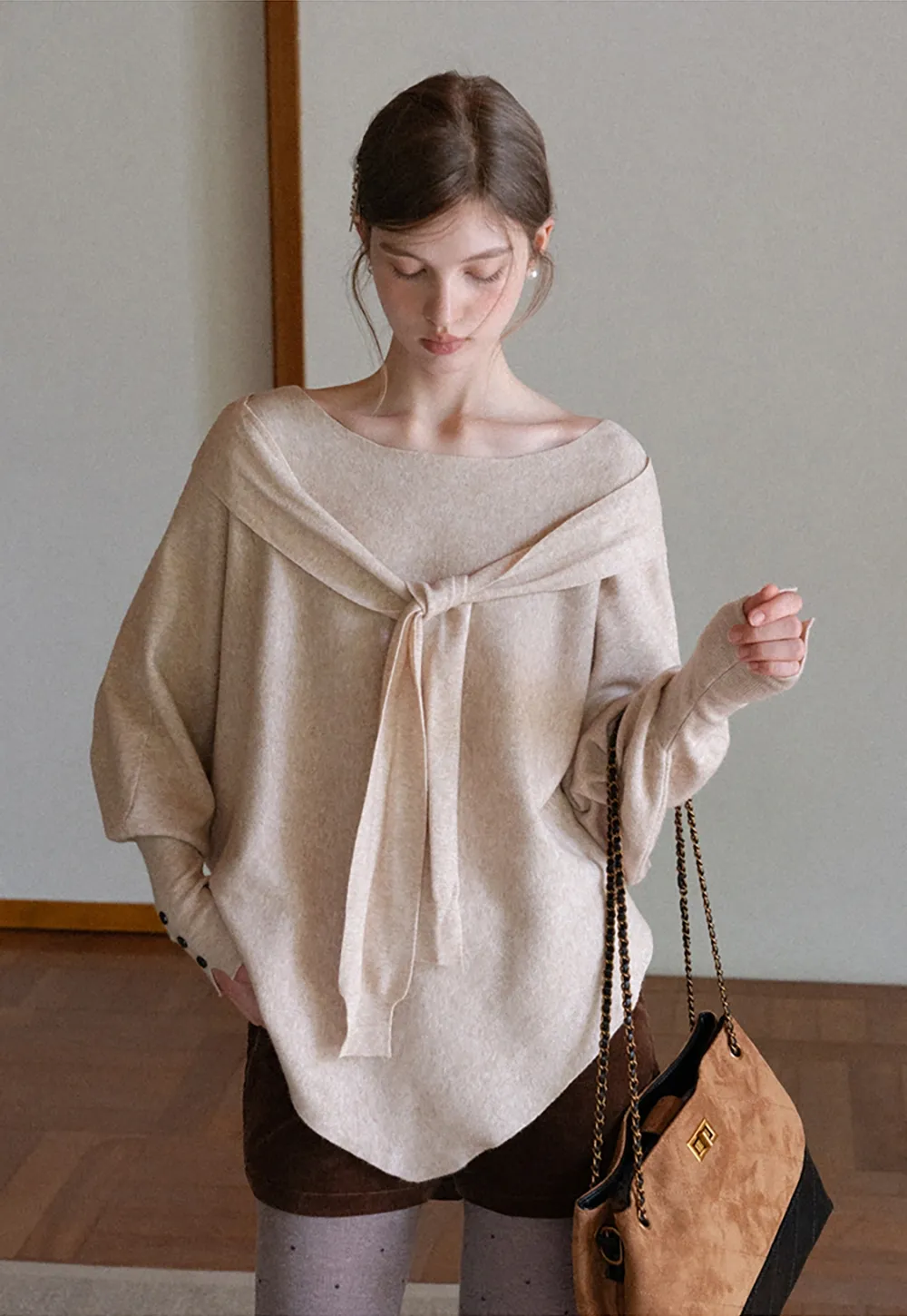 Womens Tie Collar Batwing Knit Sweater