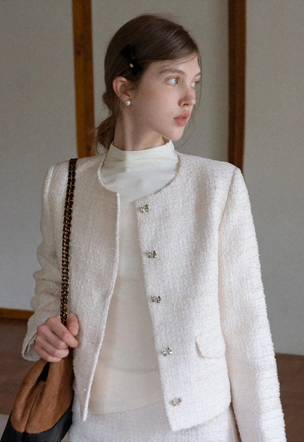 Women Cream White Lace Cuff High Neck Tee