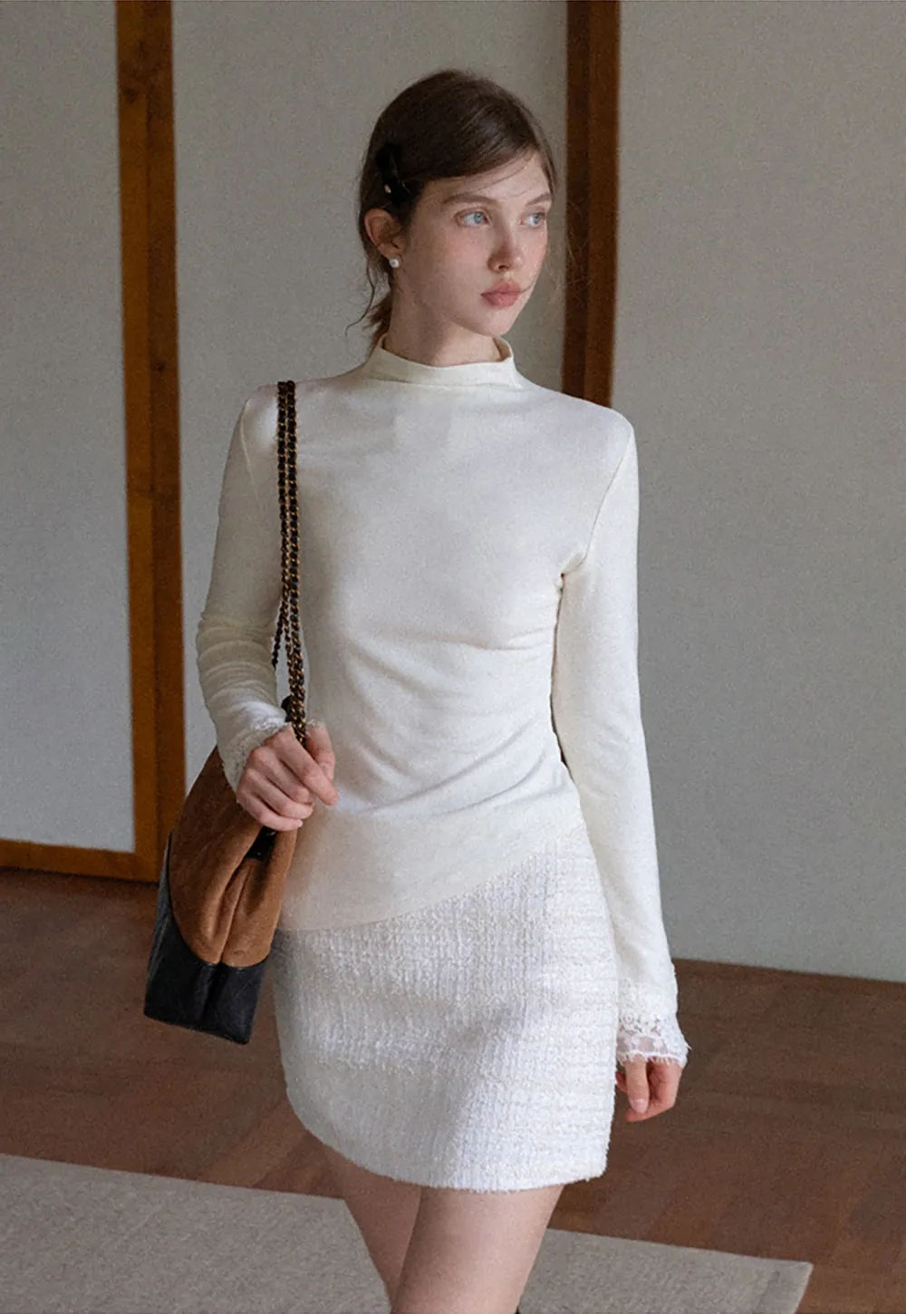 Women Elegant Tweed Skirt Suit Set with Crop Jacket