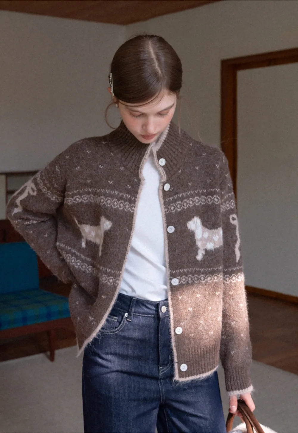 Dog Pattern Knit Cardigan