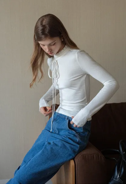 Ruffle Mock Neck Knit Top for Women Winter