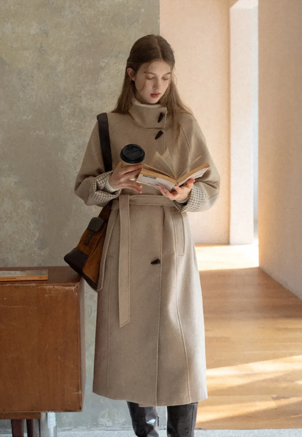 Womens Stand Collar Toggle Wool Coat with Plaid Trim