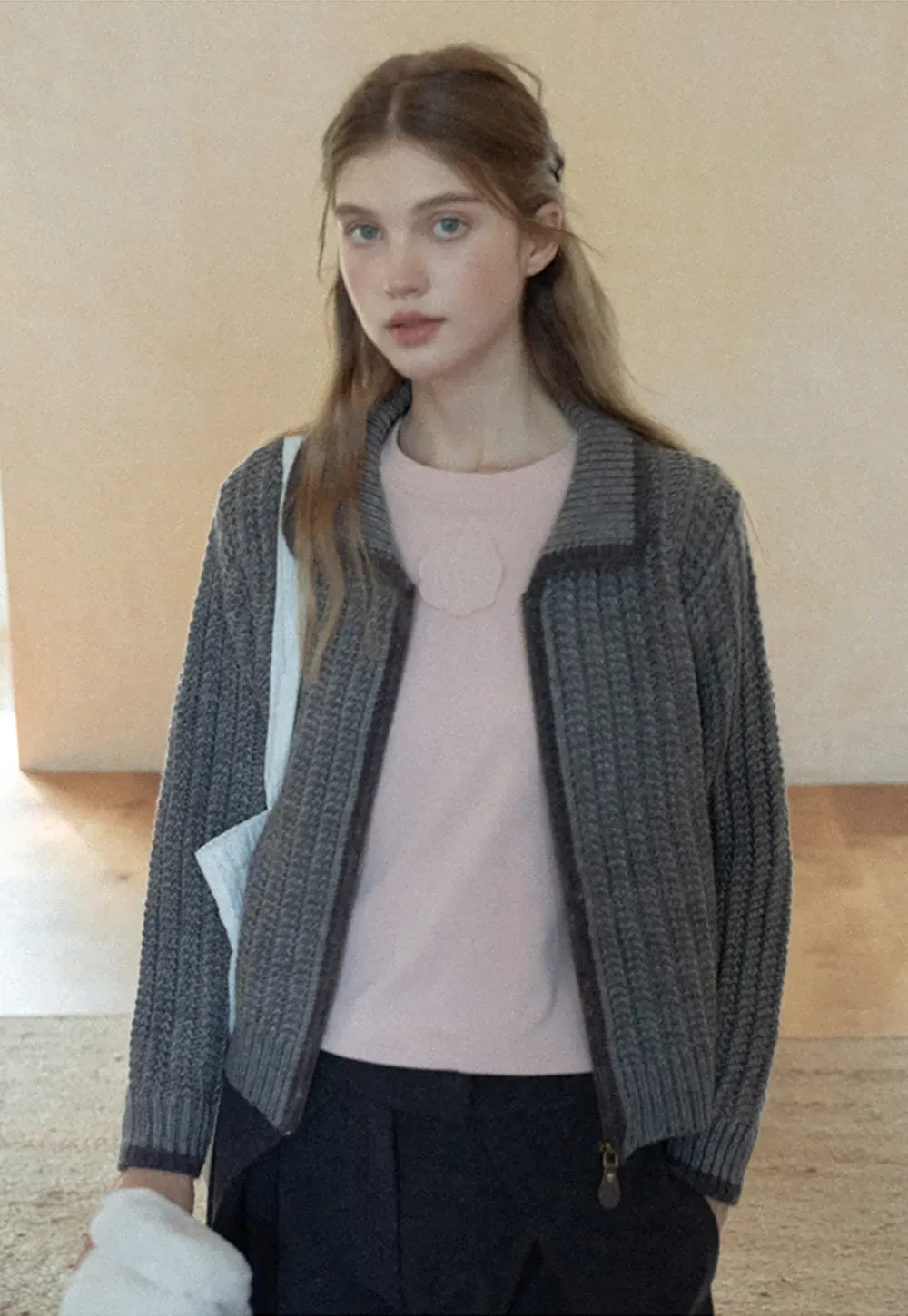 Contrast Trim Zip-Up Knit Cardigan