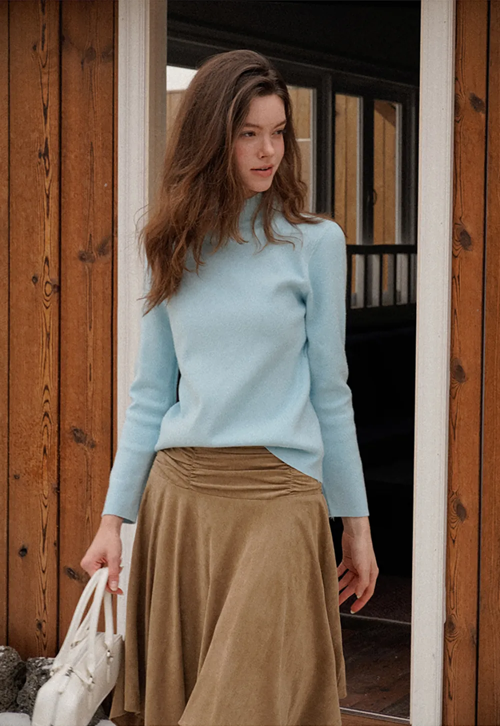 Ruched Waist Asymmetric Midi Skirt