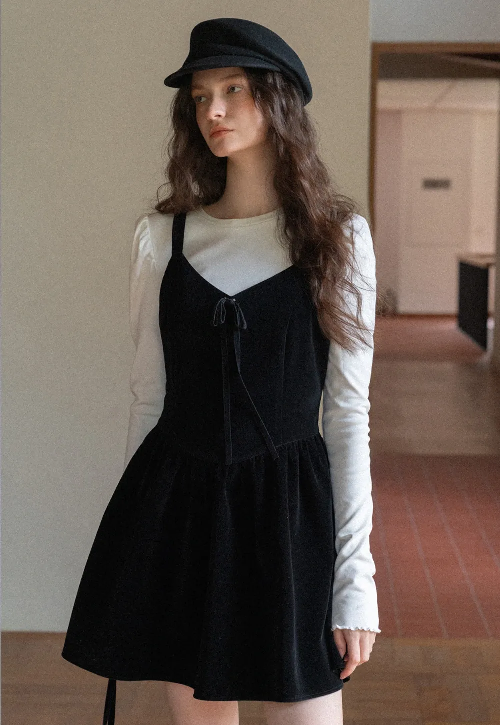 Women Black Velvet Pinafore Dress with Tie Front and Adjustable Straps