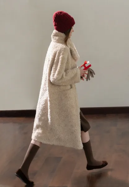 Women Long Fuzzy Teddy Coat with Attached Scarf