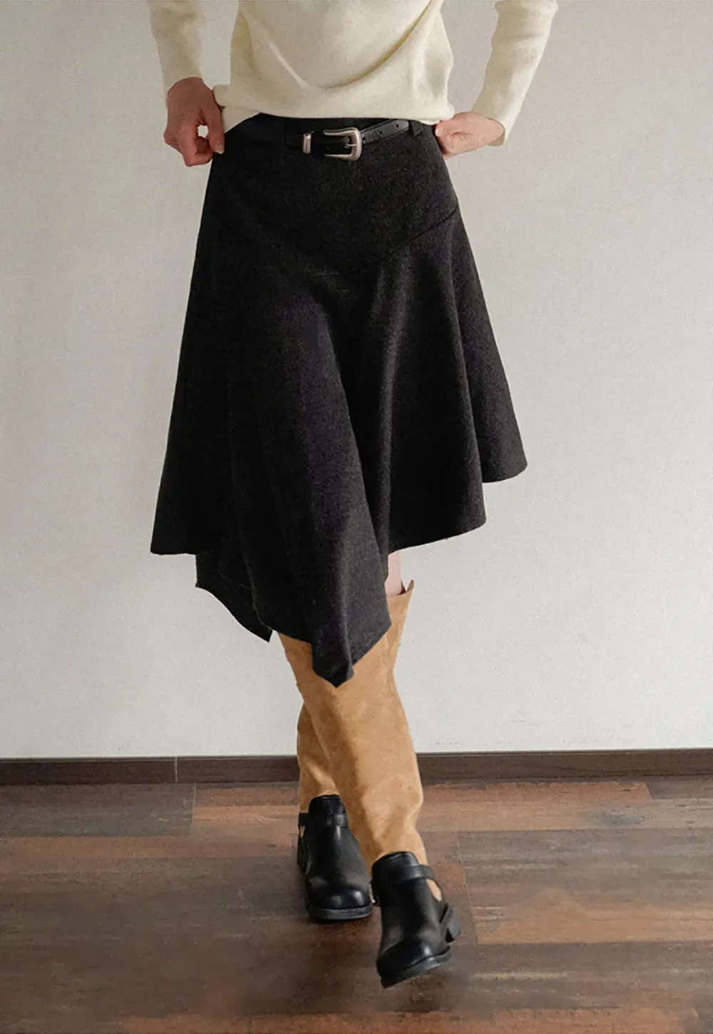 Asymmetric Wool-Blend Midi Skirt