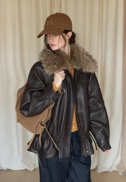Casual Winter Faux Leather Coat with Soft Fur Collar