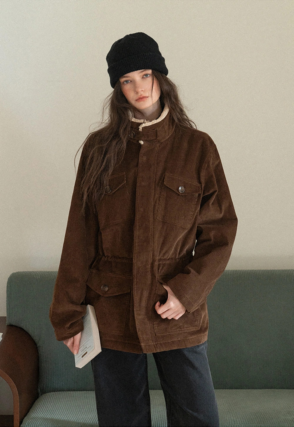 Women Casual Brown Corduroy Coat with Fleece Lining
