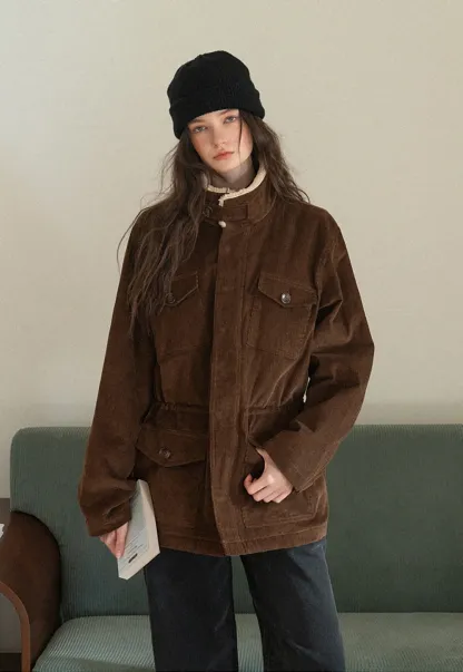 Women Casual Brown Corduroy Coat with Fleece Lining