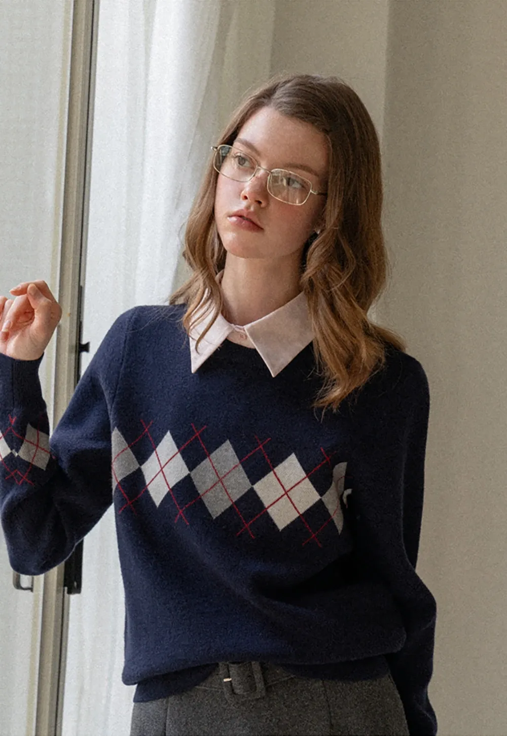 Navy Blue Sweater with Argyle Pattern for Women