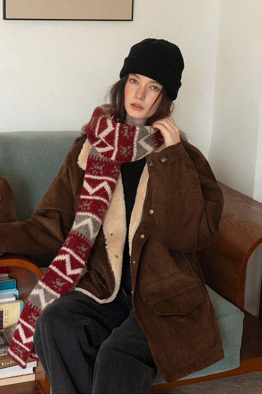 Stylish Fair Isle Patterned Long Knitted Scarf