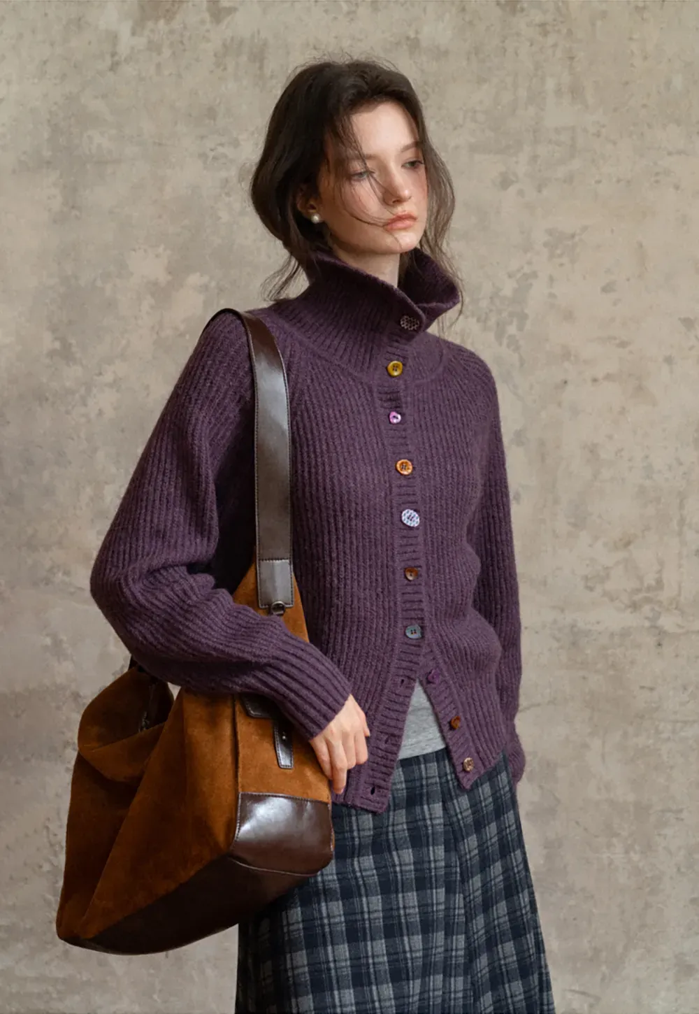 Color Button High Neck Ribbed Cardigan