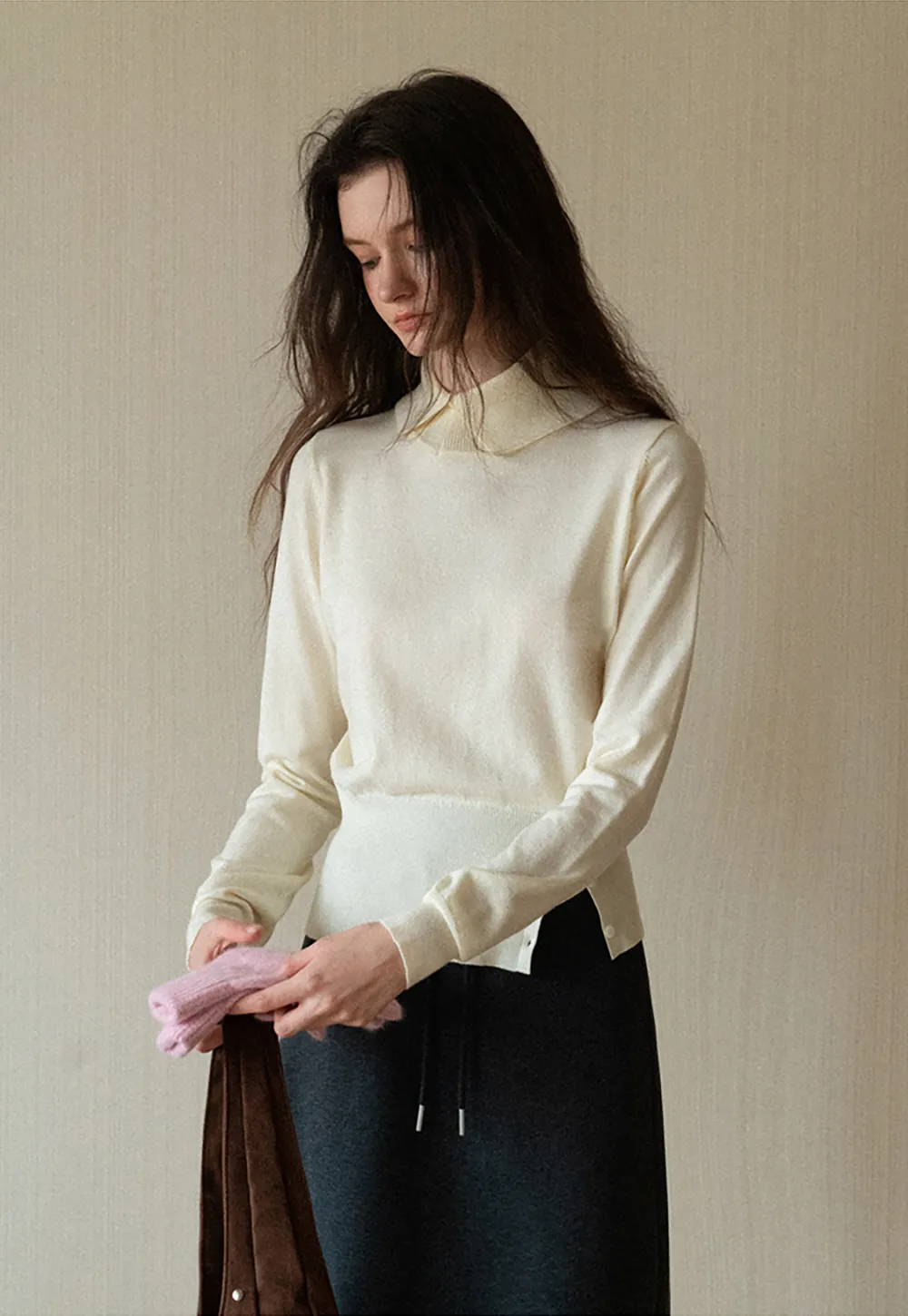 Collar Detail Knit Sweater with Side Button Hem