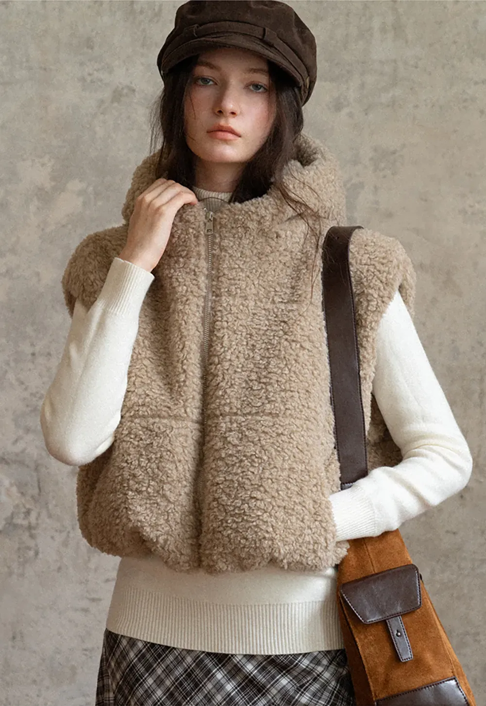 Faux Shearling Zip Vest in Beige