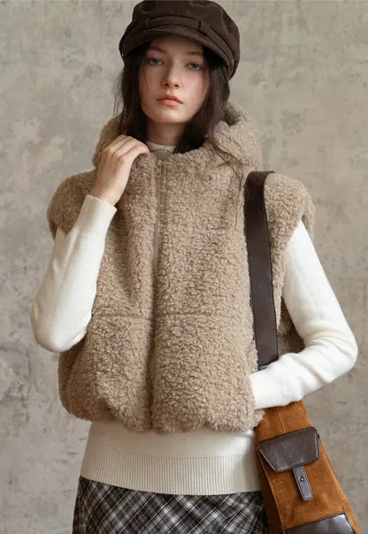 Faux Shearling Zip Vest in Beige