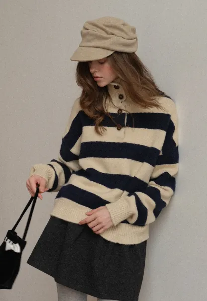 Striped Button-Down Sweater with Cozy Collar