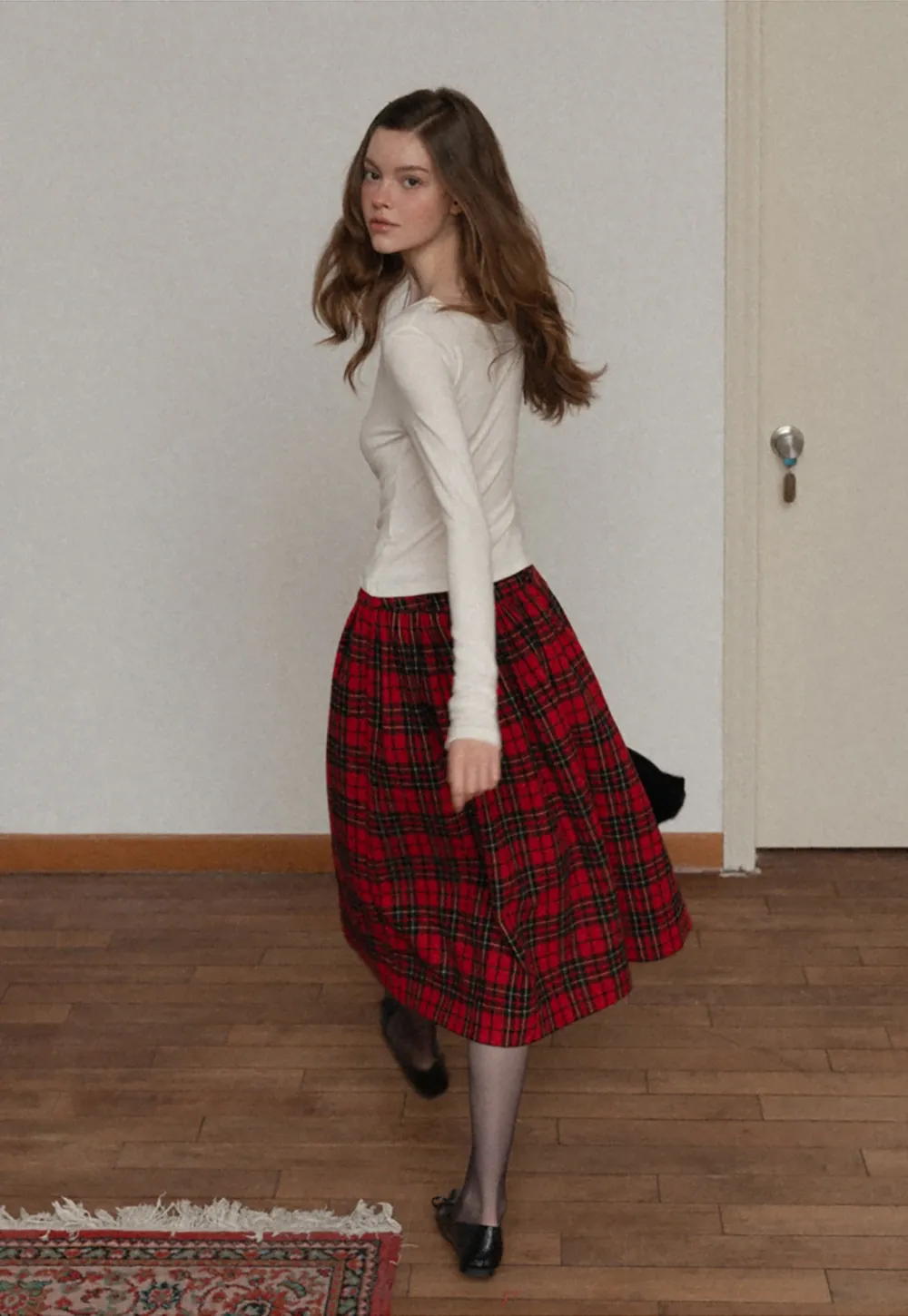 Plaid Midi Skirt with Elastic Waist for Women