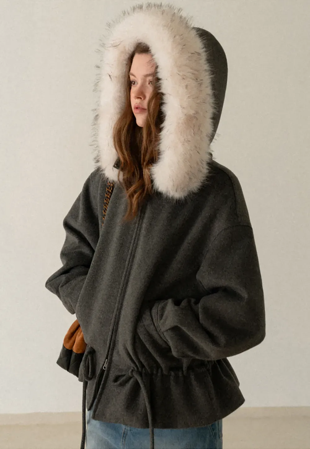 Faux-Fur Trim Hooded Charcoal Jacket