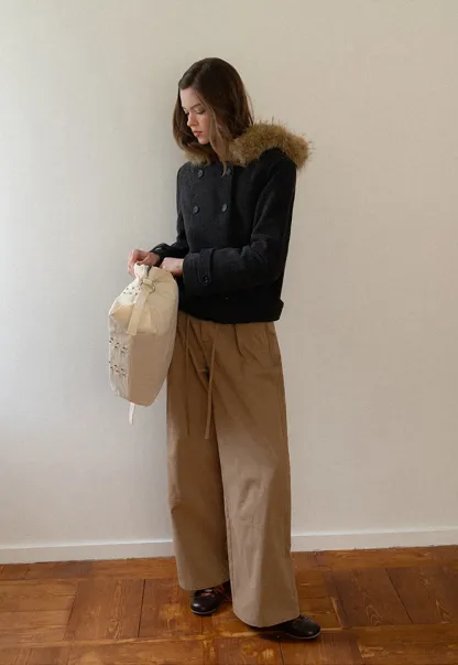 Hooded Wool Coat with Quilted Lining and Wool Collar