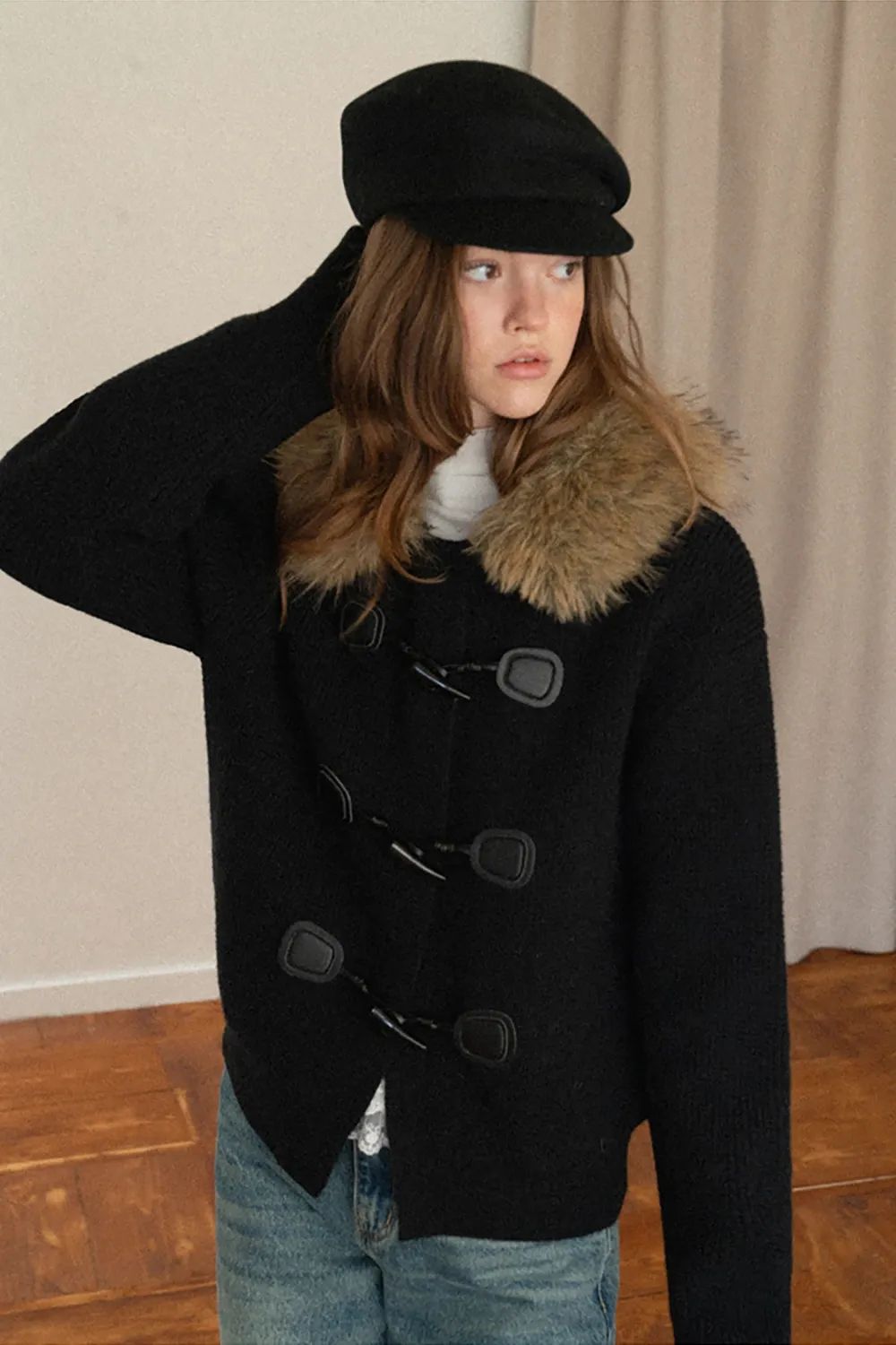 Faux Fur Hooded Cable Knit Sweater