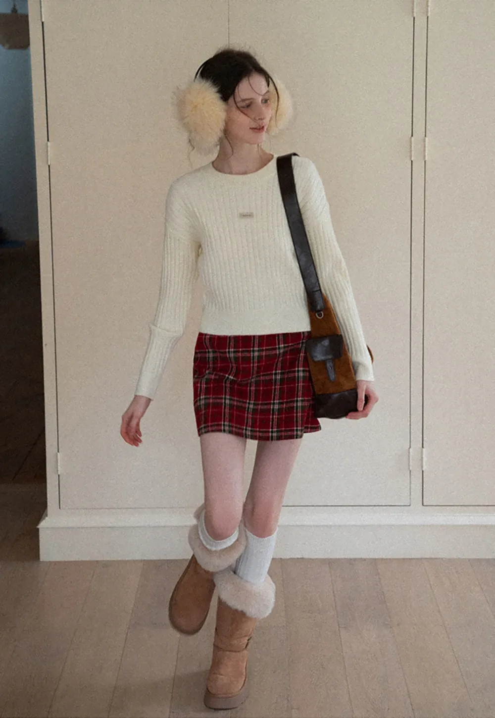 Plaid Mini Skirt and Knee-High Boots Casual Style