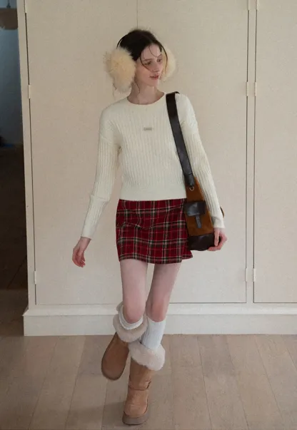 Plaid Mini Skirt and Knee-High Boots Casual Style