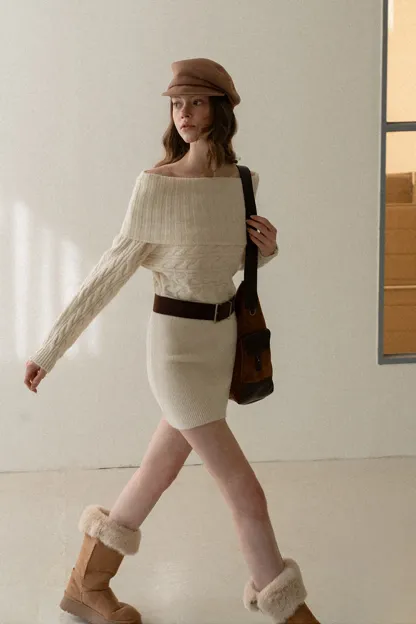 Off-Shoulder Cable Knit Waist-Cinching Dress