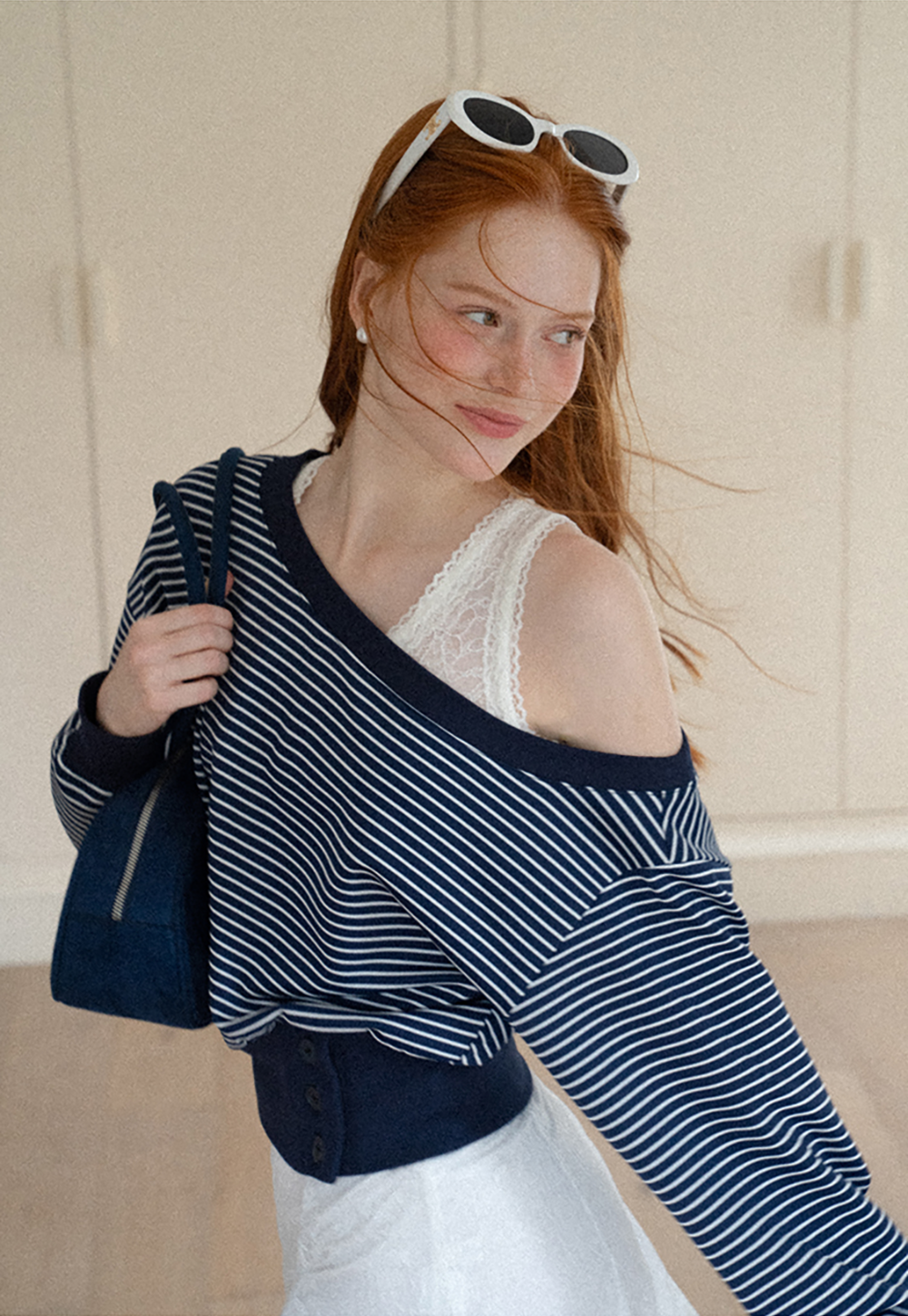 Off-the-Shoulder Striped Sweatshirt and Lace Tank Top Set