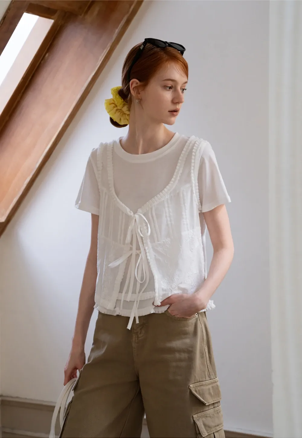 Women’s White Ruffle-Tiered Tie Shirts